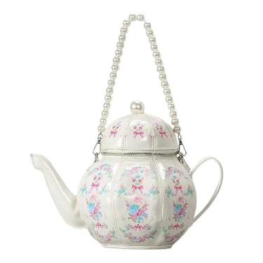 Imagem de CXQDSJM Bolsa feminina de couro sintético floral, bolsa de ombro transversal, corrente de pérola, bolsa de dia dos namorados para meninas, Branco