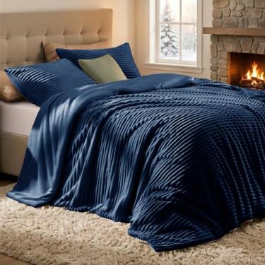 Imagem de Quataly Conjunto de edredom casal fofo com 3 peças – edredom macio e felpudo de pele sintética azul-marinho para o inverno, 1 edredom alternativo de luxo com 2 fronhas