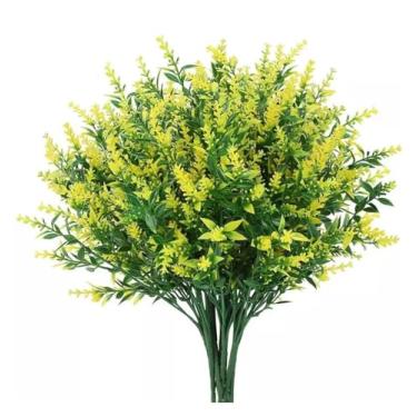 Imagem de 5 peças/ramo de flores artificiais de plástico lavanda planta falsa decoração de casa jardim decoração de casamento DIY buquê de noiva doméstico (amarelo)