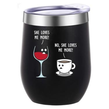 Imagem de ATHAND Copo de vinho She Loves Me More, copo de café gelado de aço inoxidável isolado de 350 ml com tampa, caneca de café divertida para viagem, garrafa de água, presente de aniversário de Natal fofo