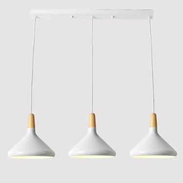 Imagem de Lustre nórdico linear moderno e colorido, luminária pendente para sala de jantar com 3 lâmpadas E27 e cúpula de metal, ideal para quarto, cozinha e ilha. Altura ajustável.