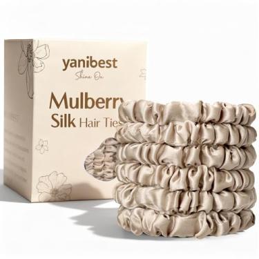 Imagem de Yanibest 6 elásticos elásticos 100% seda amoreira, antiderrapante, sem danos, laços de cabelo de seda para mulheres e meninas, champanhe