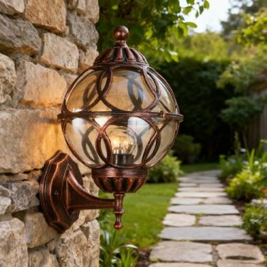 Imagem de Luminária de parede externa vintage em formato de globo de bronze, arandela externa ornamentada em metal e vidro, luminária decorativa à prova d'água para pátio, jardim, varanda, luminária d