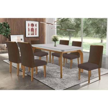 Imagem de Mesa Cozinha Londrina c/ Tampo Madeirado c/ Vidro Canto Curvo 180x90cm e 6 Cadeiras Dakota Madeira Maciça Naturale/Off White - Capuccino/Suede Marrom-