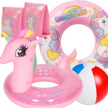 Imagem de Kit Completo Boia De Piscina Fofura Unicórnio Boia De Braço Boia Cintu