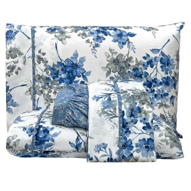 Imagem de Jogo de Lençol Lislie King 4 Peças MicroPercal 300 Fios Estampado Floral - Azul Flores - 100% Poliéster
