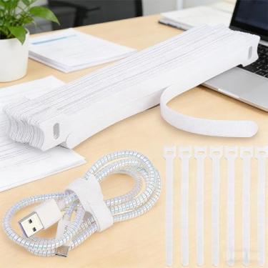 Imagem de Organizador de cabos ajustável de gerenciamento de cabos reutilizáveis, envoltórios de cabo e tiras de gancho para computador, jogos, fio, mesa - essenciais para escritório em casa (branco, 20 x 1,2