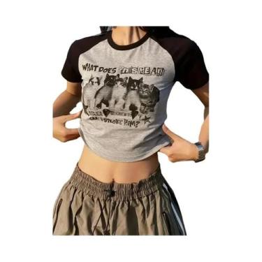 Imagem de Camiseta Cropped Feminina Com Estampa De Gato Estilo Y2K Anos 90 Haraj