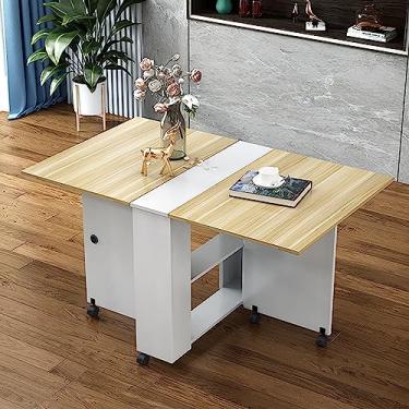 Imagem de Mesa de jantar dobrável, mesa de jantar com 6 rodas e prateleira de armazenamento de 2 camadas, mesa de jantar com economia de espaço pequeno para cozinha, sala de estar (cor: A, tamanho: L-135 cm/51