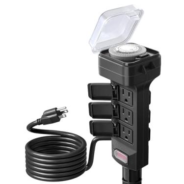 Imagem de SURAIELEC Temporizador de estaca de energia para uso externo, temporizador de luz mecânico de 24 horas, régua de energia elétrica, à prova de intempéries, cabo de extensão de 1,8 m, divisor de plugue