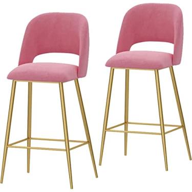 Imagem de Banquetas de bar conjunto de 2 bancos de bar com tecido de veludo acolchoado com encosto e pernas de metal preto banco de bar de cozinha cadeira de balcão de café da manhã HA