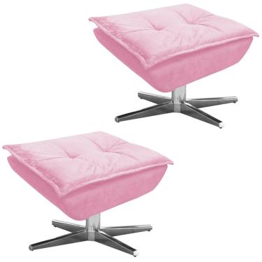 Imagem de Kit 2 Puff's Decorativos Base Giratória Cromada Charger Suede Rosa - Gran Belo