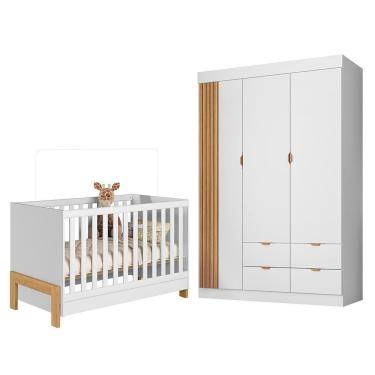 Imagem de Jogo De Quarto Infantil Ayla Com Guarda Roupa E Berço Branco Acetinado - Phoenix Baby Branco Acetinado