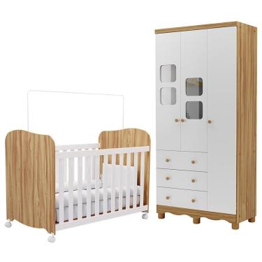 Imagem de Jogo De Quarto Infantil Uli Guarda Roupa 3 Portas E Berço Branco Brilho/amêndoa - Móveis Peroba