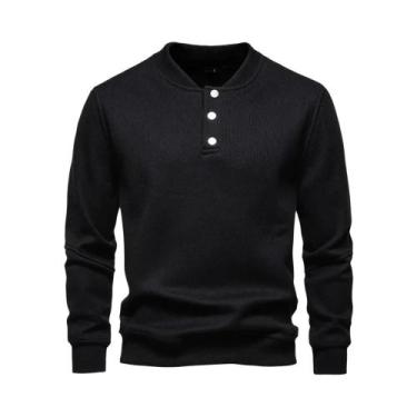 Imagem de Suéter Masculino De Inverno Com Forro De Lã E Botões, Cor Sólida, Casu