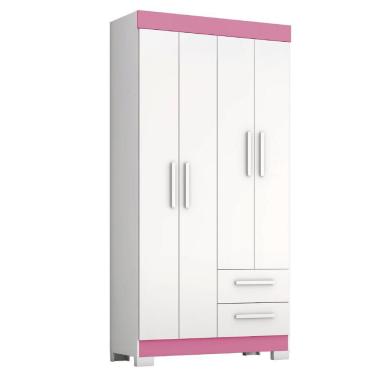 Imagem de Guarda Roupas Solteiro Juvenil 4 Portas 2 Gavetas Malta Branco / Rosa Notável Branco/Ros