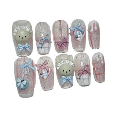 Imagem de Unhas Postiças Rosa Com Ursinho De Pelúcia, Pérolas E Corações Brilhan