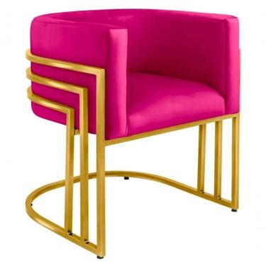 Imagem de Cadeira Poltrona Luxo Base De Metal Tripla Dourado Sala De Jantar Recepção Veludo Rosa Pink Do Lar Móveis E Decoração