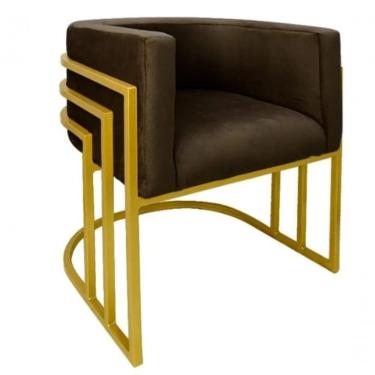 Imagem de Cadeira Poltrona Luxo Base De Metal Tripla Dourado Sala De Jantar Recepção Veludo Marrom Do Lar Móveis E Decoração
