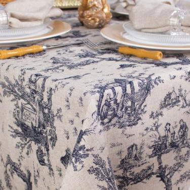 Imagem de Toalha de Mesa Retangular em Tecido Linho Estampado Toile de Jouy Azul