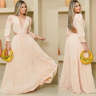 Imagem de Vestido Feminino Longo Manga Longa Decote V Profundo Casamento Crepe L