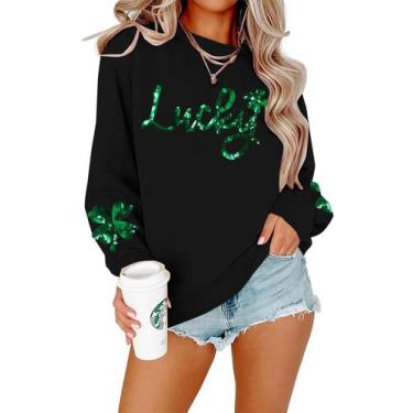 Imagem de Moletom feminino FAYALEQ com lantejoulas Lucky Black do Dia de São Pat