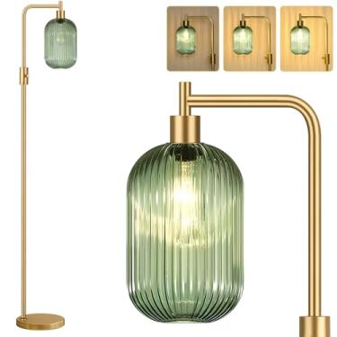 Imagem de 【Atualizado】 Luminária de chão de vidro regulável para sala de estar, luminária moderna dourada com abajur de vidro nervurado verde e botão regulador, lâmpada de arco alto para quarto, escritório