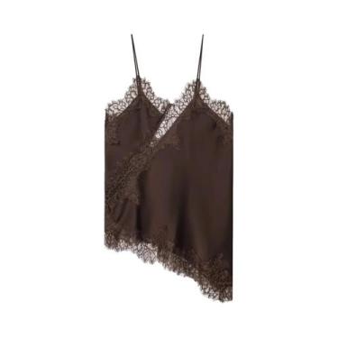 Imagem de Camisola Sexy Assimétrica De Renda Para Mulheres, Sem Mangas, Ombros D