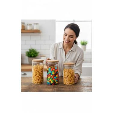 Imagem de 2x Kit 3 Potes Vidro Hermético 950ml Tampa Bambu Mantimentos - Congrat