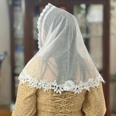 Imagem de Véu Ccb Congregação Cristã Renda Dupla Aplique Floral 3D Pedras Strass