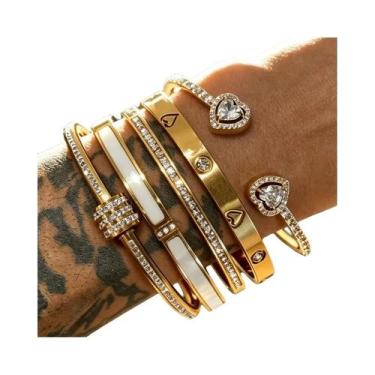 Imagem de Conjunto De Pulseiras De Coração Em Aço Inoxidável Banhado a Ouro 18K 