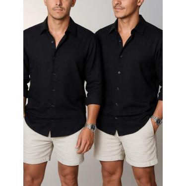 Imagem de Kit 2 Camisa com toque Linho Manga Longa Masculina Social Confortável 