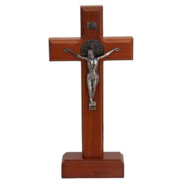 Imagem de Cruz De Madeira Cristã Ortodoxa Artesanal Com Corpus De Jesus Em Liga 