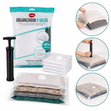 Imagem de Kit Sacos a Vácuo Organizadores Clink com Bomba Manual Plástico PET e PE Redutor de Volume Até 80% Multiuso para Guarda