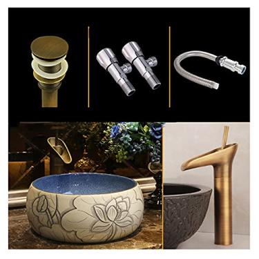 Imagem de jinyi2016SHOP Pias de vaso de cerâmica em formato redondo de 40 x 14 cm, pia de pia de cerâmica para pia de vaso de lavatório acima do balcão, pia de bancada de lótus esculpida, lavatório para lavatórios de banheiro (cor: B)