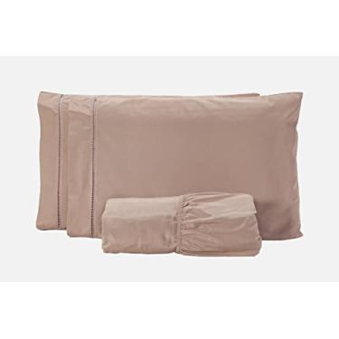 Imagem de Jogo De Lençol Para Cama Casal Queen 03 Peças Ponto Palito Percal 180 Fios Algodão (CÁQUI)