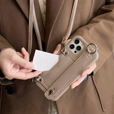 Imagem de Capa de telefone de carteira com alça transversal para iPhone 13 12 11 Pro XS Max Mini X XR 7 8 Plus Porta-cartão Cordão Capa de Couro, Cáqui, Para iPhone XS Max