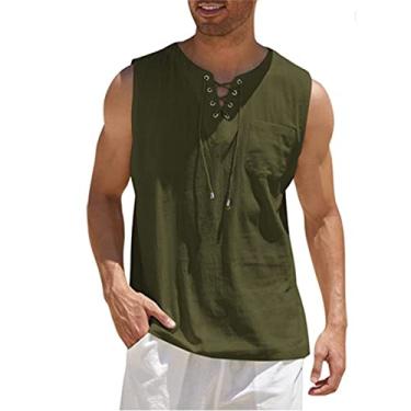 Imagem de Camiseta regata masculina de algodão e linho casual sem mangas moda camisetas hippie de praia, Verde militar, Small