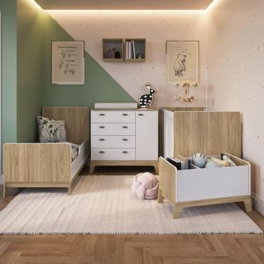 Imagem de Quarto de Bebê Gêmeos com 2 Berços Cômoda Caixa de Brinquedos e 2 Nichos Favo de Marrom Completa Móveis Itapuã/Branco