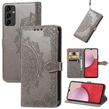 Imagem de Capas de telefone Relief Mandala para Samsung Galaxy A14 5G Capa de couro luxo com slots magnéticos para cartão carteira clipe à prova de choque capa para telefone Samsung A14 5G capas (cinza, Samsung A14 5G)