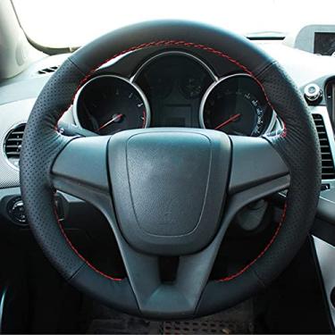 Imagem de Capa de volante de carro confortável antiderrapante costurada à mão em couro preto, apto para Chevrolet Cruze sedan de carro com carroçaria de 2009 a 2013 2014