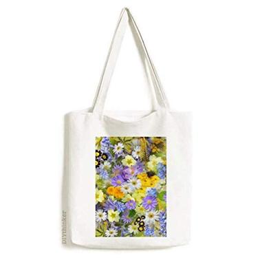 Imagem de Sacola de lona com flores azuis amarelas e arbustos, bolsa de compras casual