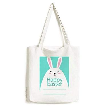 Imagem de Sacola de lona com estampa de coelhinho azul Happy Easter Festival bolsa de compras casual