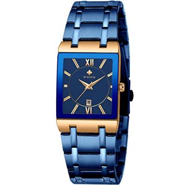 Imagem de WWOOR Relógios quadrados para homens e mulheres de aço inoxidável Mens Square Watch com data impermeável Analógico Quartz Fashion Business Casual Relógio de pulso (36E-Rose Gold/Blue)