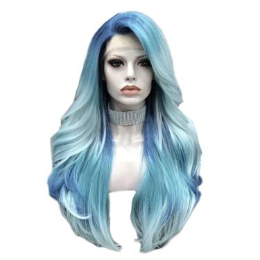 Imagem de Peruca azul sintética com tela frontal, cabelo natural, ondulado, peruca feminina de fibra resistente ao calor