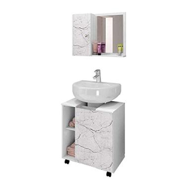 Imagem de Conjunto Gabinete Armário Banheiro Para Pia de Coluna Pequin Com Espelheira Gênova Cor Branco/Carrara