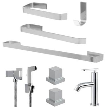 Imagem de Bruno Acabamentos Kit Completo de Acessórios para Banheiro com 2 Acabamentos - Porta Toalha em Alumínio e Ducha Higiênica - Melhor Custo-Benefício