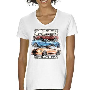 Imagem de Camiseta feminina Shelby Cars Sketch gola V Mustang Racing American Muscle Car GT500 Cobra Performance Powered by Ford Tee, Branco, GG