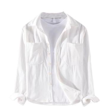 Imagem de Camisa masculina de veludo cotelê de cor lisa, vintage, manga comprida, bolsos, gola virada para baixo, Branco, GG