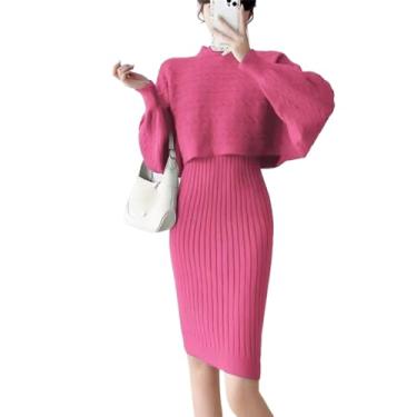 Imagem de JYHBHMZG Suéter feminino coreano pulôver blusa solta outono inverno vestido de malha feminino, Roseo, X-Small
